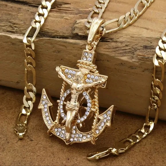 Hip Hop 14K Gold Pt Jesus Anchor Pendant Fully Iced 30 Italy Figaro Chain